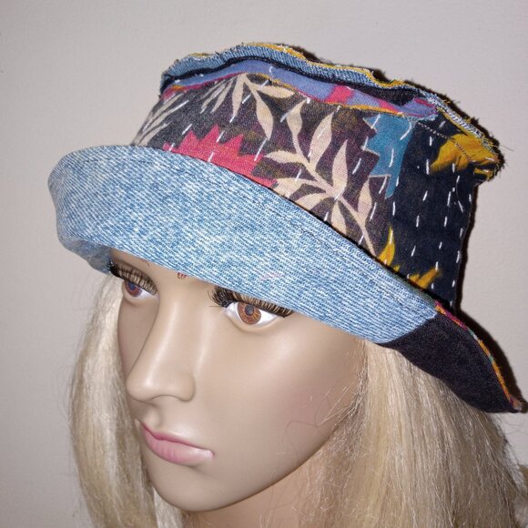 Kantha & Denim Bucket Hat Reversible Black Dark Green Red Patchwork BHAT14. - Picture 3 of 7